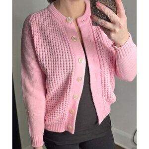 Vintage 1960s Chunky Pink Knit Cardigan Sweater Barbiecore Bubblegum Pink